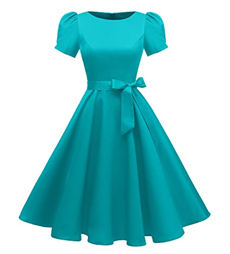 tagunop Womens Boatneck Vintage 1950s Cocktail Party Dress with Puff Sleeves Turquoise S