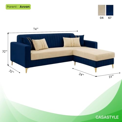 Image of CASASTYLE Noviq 4 Seater L Shape Sofa Set with Movable Ottoman | Flexible Left or Right Layout | Cozy Velvet Fabric | Soft Touch Seating | Modern Designer Sofa for Living Room (Dark Blue-Cream)