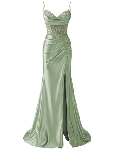 Robe de soirée longue sirène en satin et dentelle noire DSJ130 pour femme