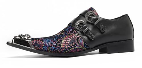 Santimon Men’s Genuine Leather Double Monk Strap Loafers Shoes, Stylish Fashion Paisley Print Mocasines with Metal Toe for Party Wedding Disco2