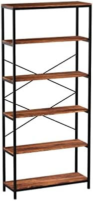 6 Tier Industrial Bookshelf 71" Tall Open Bookshelves and Bookcases Vintage Standing Storage Shelf Freestanding Display Shelf for Living Room Bedroom-Black Metal Frame & Wood(US Stock)