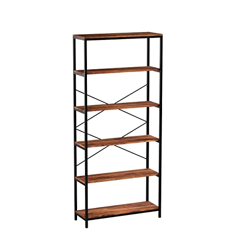 6 Tier Industrial Bookshelf 71" Tall Open Bookshelves And Bookcases Vintage Standing Storage Shelf Freestanding Display Shelf For Living Room Bedroom-Black Metal Frame & Wood(Us Stock) #TOP14