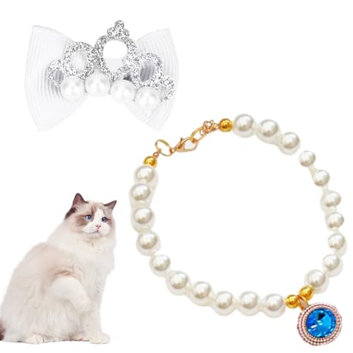 VJUYSW Collana di Perle per Animali Domestici per Cani di Piccola Taglia e Gatti Regolabile con Perle Fantasia per Animali Domestici Gioielli Bling Strass Collare con Papillon Chihuahua