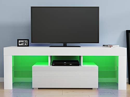 Panana 51inch TV Stand Storage Glass Shelves Big Drawer Sideboard 16 Colors RGB LED Lighted TV Cabinet for 32 40 43 50 55 inch 4k TV (White, With LED)