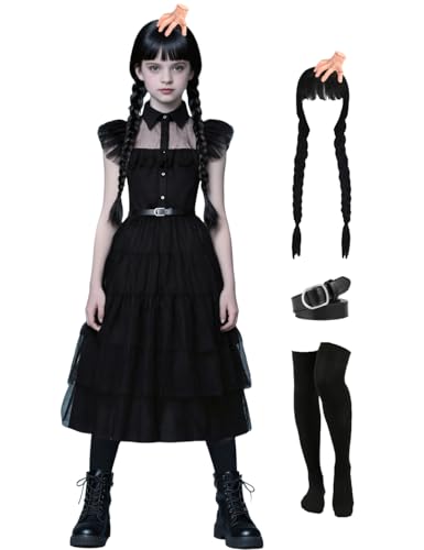Kids Black Dress for 3-14 Years Girls Halloween Costumes Dress Up with Wig Socks Hairpin