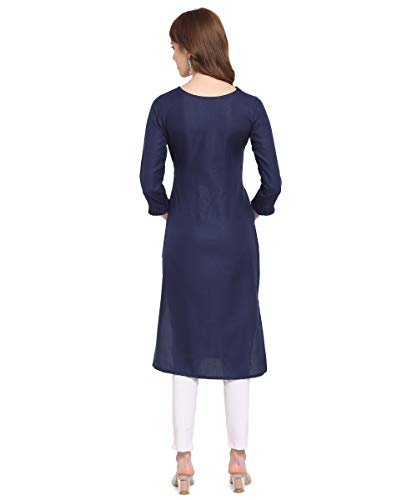 Image of EthnicJunction Women's Cotton Blend Floral Embroidered Straight Kurti (Royal Blue)