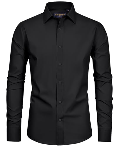 siliteelon Mens Shirts Long Sleeve Black Shirts Dress Formal Stretch Non Iron Work Business Casual Funeral Button Down Shirts L