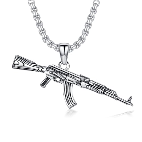 Gun Necklace 925 Sterling Silver Hip Hop AK-47 Gun Pendant Necklace for Men, w/Stainless Steel Chain 22 + 2 Inch