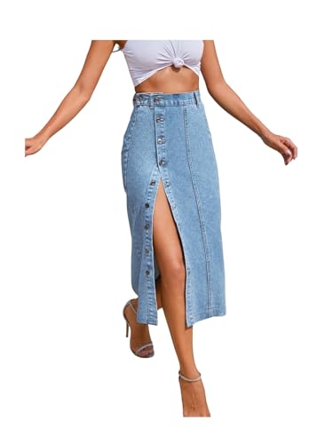 Image of Aahwan Blue Midi Denim Pencil Front Button Side Slit Skirt for Women's & Girl's