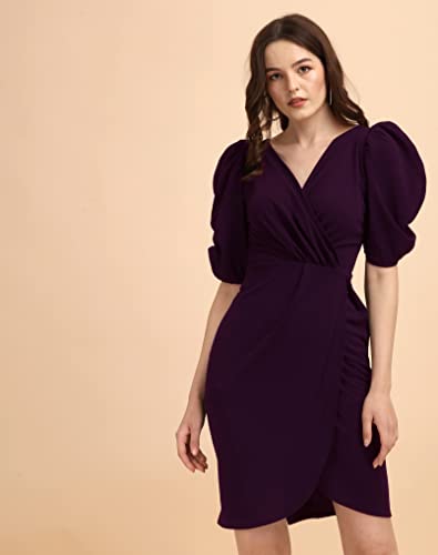 Image of Sheetal Associates Women's Puff Sleeve V-Neck Bodycon Casual Mini Dress