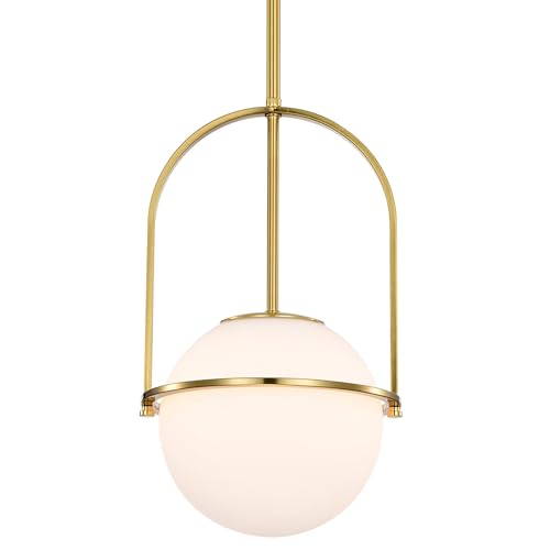 Image of Alighting Gold Pendant Light with 18cm Milk Glass Globe, Adjustable Gold Ceiling Lights Mid Century Pendant Light for Dining Room, Kitchen Island, E14 Bulb(Not Included)