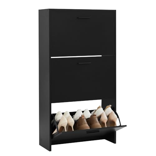 CASABEL Meuble à Chaussures Moderne 3 Abattants - Rangement Chaussures 18 Paires - Noir - Meuble en Bois Composite - Dimensions L60xP24xH113 cm - Grande Capacité - Facile à Installer
