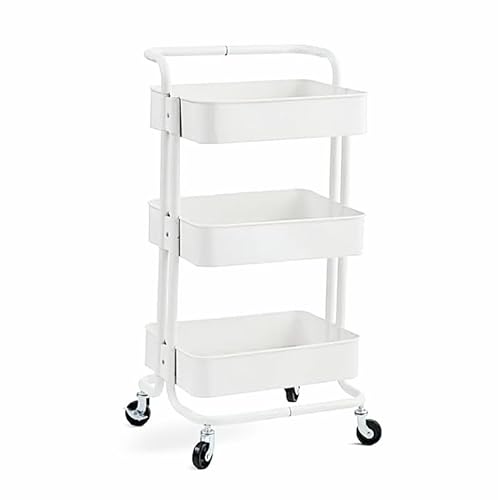 Metal Trolley on Wheels | Storage Shelves | Makeup Storage | Vegetable Storage | Cleaning Trolley | Shelves Unit | Utility Cart | Cleaning Caddy | Metal Rolling Cart (3-Tier White)