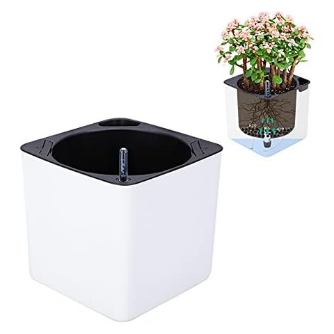Self-Watering Planter Wicking Pots, Square 17cm & 6.7 Inches Self-Watering Indoor Garden Flower Pot with Water Level Indicator, Plastic White Modern Decorative Planter Flower Pot for All House Plants Cover