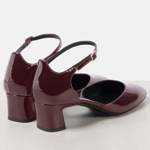 Women's Comfort Chunky Heel Square Toe Ankle Strap Pumps with Buckle Fashion Patent Closed Toe D'Orsay Wedding Party Dress Block Heel Shoes for Women Burgundy Size 92