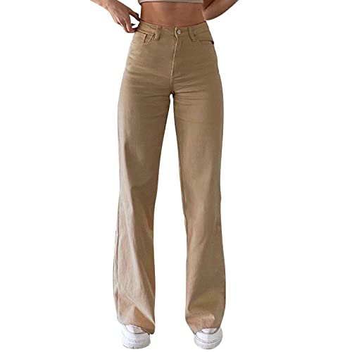 Women's High Waisted Jeans Baggy Boyfriend Straight Leg Denim Pants Y2K Streetwear Stretchy Trendy Csual Loose Pant Khaki S