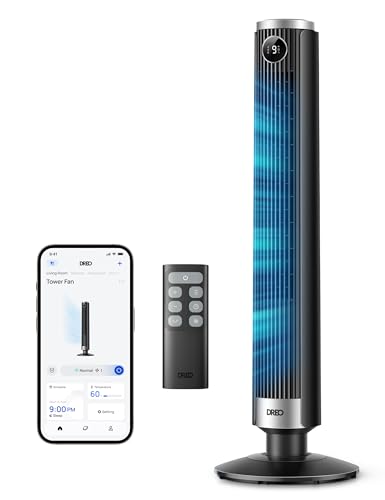 DREO Smart Tower Fan for Bedroom, 40”-45” Adjustable Height, 28 ft/s Velocity, DC Motor, 9 Speeds, 4 Modes, 90°Oscillating, Standing Fan, 20dB Quiet, 12H Timer for Home, Office, Google/Alexa, Black