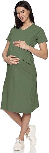 KIKWIT Cotton Zipless Feeding Gown | Maternity Dress Whitout Zip | Calf Length Dresses for Breastfeeding Mother's | Knee L...