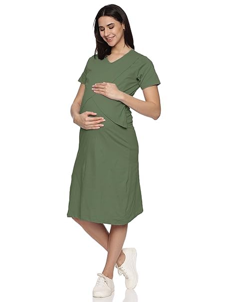 kikwit Cotton Zipless Feeding Gown | Maternity Dress Whitout Zip | Calf Length Dresses for Breastfeeding Mother's | Knee Length Tops for New Mom's-picture-2