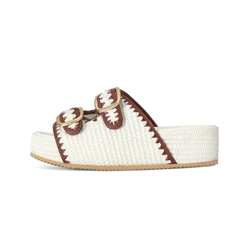 Image of Raffia Sandals for Women Platform Slide Sandals Espadrille Adjustable Double Buckle Summer Comfortable Cute Woven Casual Beach Shoes