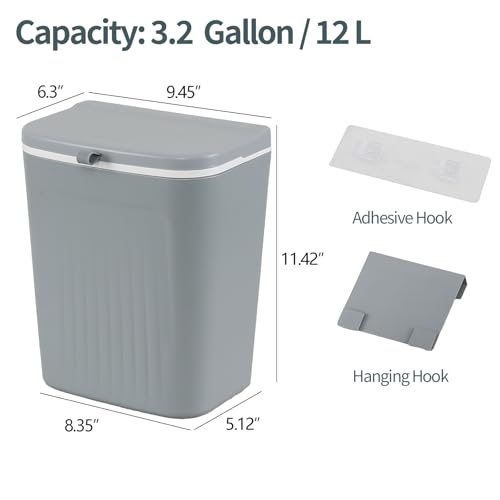 Image of 3.2 Gallon /12 L Plastic Kitchen Compost Bin, Hanging Trash Can with Lid, Wall-Mounted Garbage Can, Grey