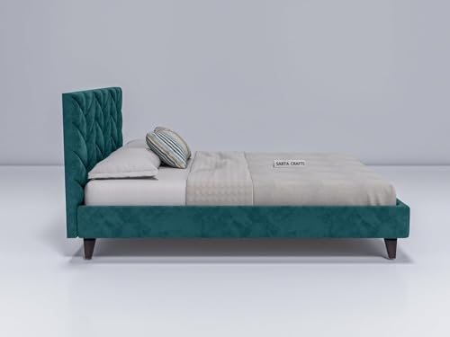 Image of Craft Modern Upholstered King Size Bed for Bedroom | Wooden Double Bed | Platform Cot Bed with Upholstery Premium Fabric | 6.5 x 6 Ft | Sheesham Wood Turquoise, Brown