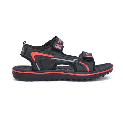 Image of Bata Men's Sports Sandals, Dual Velcro Strap, Textured Sole (BLACK /RED, UK Footwear Size System, Adult, Men, Numeric, Medium, 9)