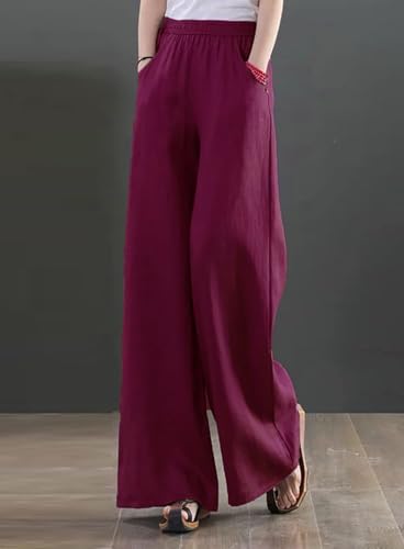Image of KOTTY Women's Crumble Fabric High Waist Solid Color Drawstring Wide Leg Trousers Loose with Pockets