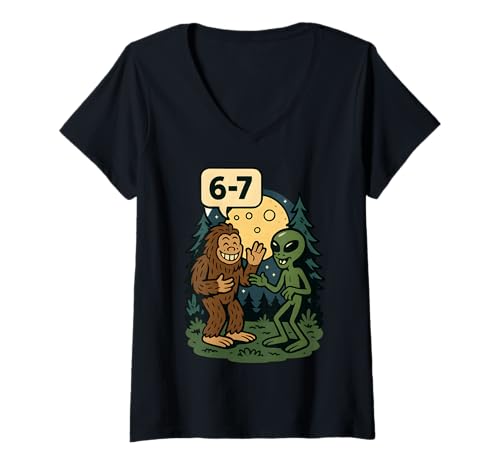 Womens Six Seven Funny Bigfoot and Alien 67 Viral Meme Sasquatch V-Neck T-Shirt