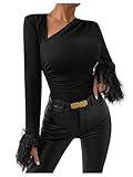 MakeMeChic Women's Long Sleeve Shirts Casual Asymmetrical Tops Fuzzy Cuff Tee Shirt Black Medium