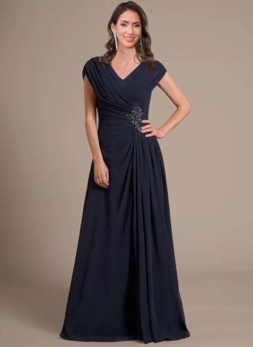 Cap Sleeves Mother of Bride Dresses for Wedding Sparkly Beaded Ruched V Neck Chiffon Evening Dress for Women2