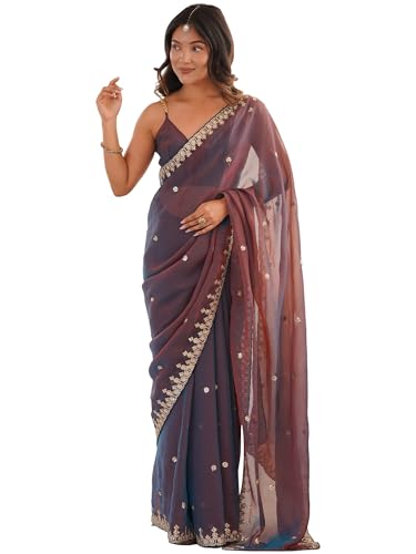 Image of AKHILAM Women's Shimmer Chiffon Sequence Embroidery Saree With Unstitched Blouse Piece(AARYAN21601 KR Parent)