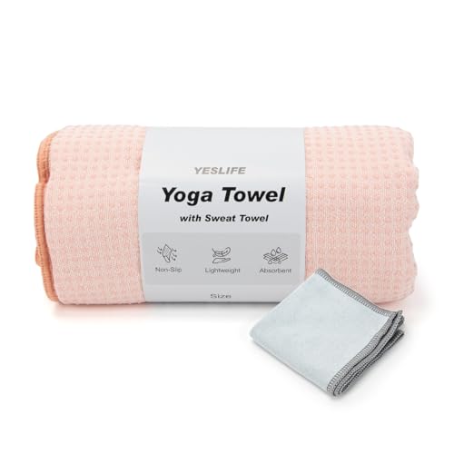 YESLIFE Non-Slip Extra Thick Hot Yoga Towel with One Sweat Towel, Microfiber Sweat Absorbent Yoga Mat Towel with Grip Dot, Pilates Mat, 72' x 24', Pink