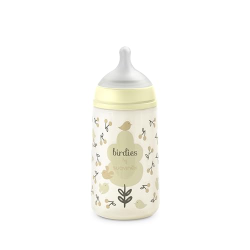 Suavinex, Biberón Anticólico de 270 ml con Tetina Fisiológica SX Pro de Silicona, de Flujo Medio (M), para Líquidos Densidad Media, Leche, Zumos o Agua. Bebés +3 Meses. Birdies, Beige
