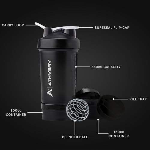 Image of Plastic Pro Gym Shaker Bottle, Protein Shaker With 2 Storage Compartment, Pill Tray & Blender Ball, Black, 550 Ml