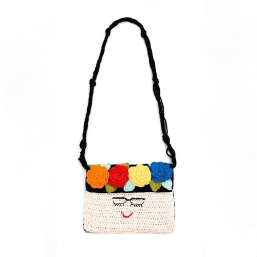 Bolsa de Ombro Frida Kahlo - 100% Algodão, Bolsa de Ombro Artesanal do Brasil, Bolsa Estética Hippie, Design de Crochê Feminino, Bolsa de Moda Artesanal para Meninas, Bolsas de Praia - Multicolor