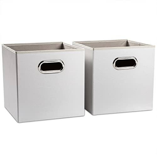 PRANDOM Leather Foldable Cube Storage Bins 11x11 inch [2-Pack] Fabric Storage Baskets Cubes Drawer with Cotton Handles Organizer for Shelves Nursery Closet Bedroom Clothes White