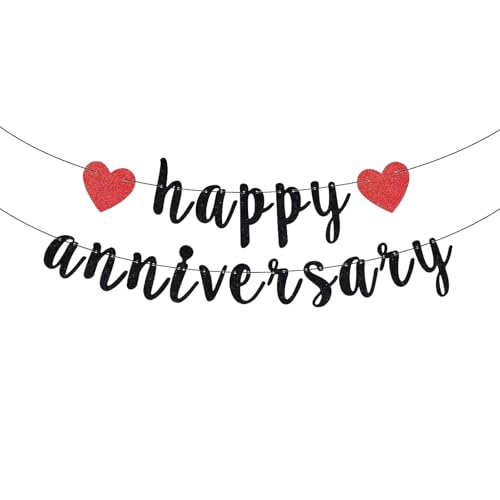 Happy Anniversary Banner Happy Anniversary Decorations for Room Wedding Banner HSC Black Bunting Red Love Heart Romantic Hanging Sign Decorations for Wedding Party Ceiling Indoor Outdoor Supplies