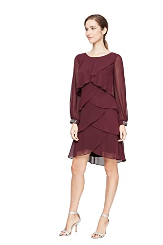 Image of S.L. Fashions Women's Long Sleeve Chiffon Short Cocktail Dress, Wedding Guest, Mother of The Bride (Petite and Regular Sizes)