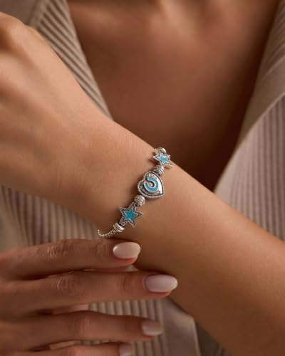 Montana West Wrangler Heart Bracelets for Women, Sliding Charm Bracelet, Fixed Charms, Turquoise Jewelry for Women with Gift Box, Sterling Silver/14K Gold-SL-BL — view 5
