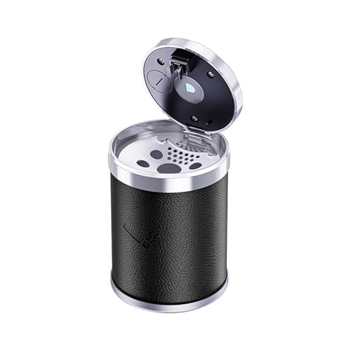 Geoyien Car Ashtray, Automatic LED Light, Leather, Windproof, Large Capacity, Flame Retardant, Black