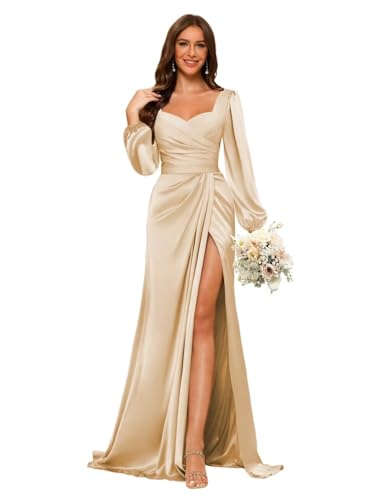 Dessiny Women’s Champagne V Neck Satin Bridesmaid Dresses with Slit Plus Size Long Sleeves Pleated Prom Dresss for Women 2026 US16W
