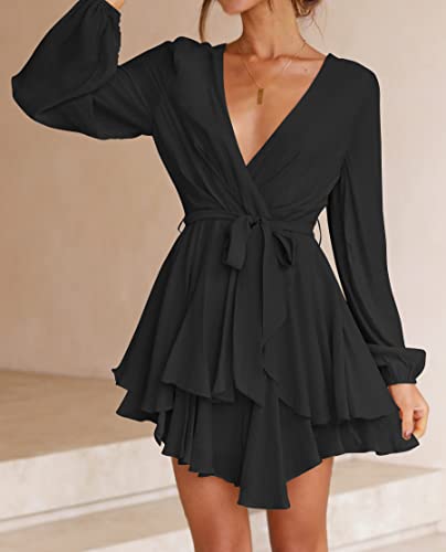 image for ZESICA Women's Wrap V Neck Dress Long Sleeve 2023 Tie Waist Ruffle Hem