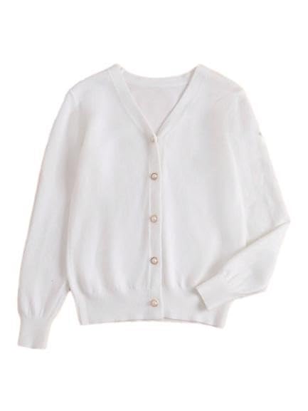 Classic V-Neck Knit Cardigan – Button-Up Sweater with Pearl-Inspired Buttons – Minimalist Elegant Style