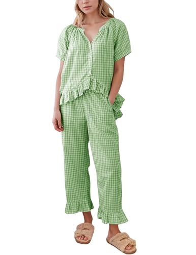 Flygo Womens Plaid 2 Piece Pajamas Sets Gingham Button Down Puff Sleeve Babydoll Shirt Ruffle Pants Y2K Pjs Lounge Set