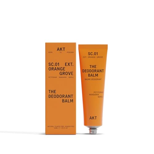 AKT THE DEODORANT BALM. Award winning multi-use natural deodorant. Plastic Free. Gender Free. Aluminium Free. 100% effective 1 tube lasts up to 3 months. SC.01 ORANGE GROVE. 50ml