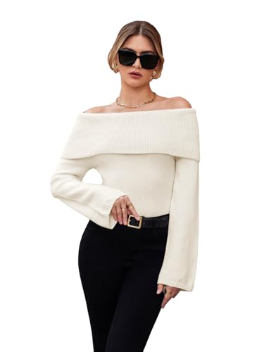 Image of GORGLITTER Women's Off The Shoulder Sweater Long Sleeve Ribbed Knit Pullover Top Trendy Fall Outfits 2025