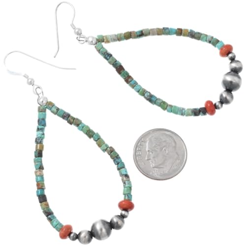 Turquoise Heishi Coral Navajo Desert Pearl Beaded Earrings Traditional French Hook Looped Dangles 11293