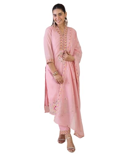 Image of INDO ERA Women's Straight Organza Floral Embroidered Kurta & Pant with Dupatta Set (IESTR9806)