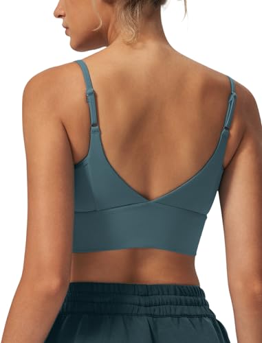 Yvette Adjustable Spaghetti Straps V Back Sports Bras for Women Light Support Padded Wireless Yoga Bra Cropped Tank Top,Blue,L